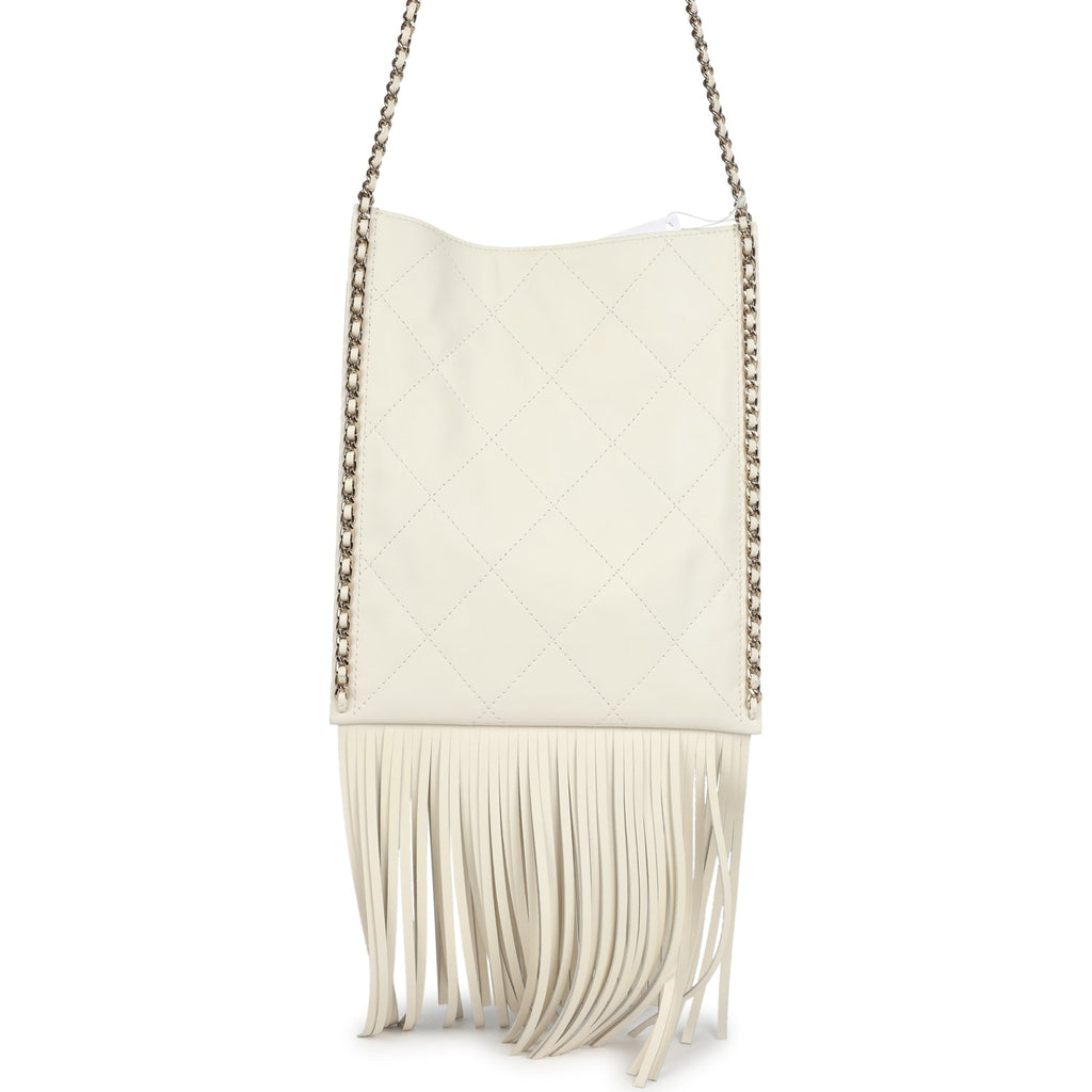 Chanel Small CC Fringe Shopping Bag White Calfskin Light Gold Hardware