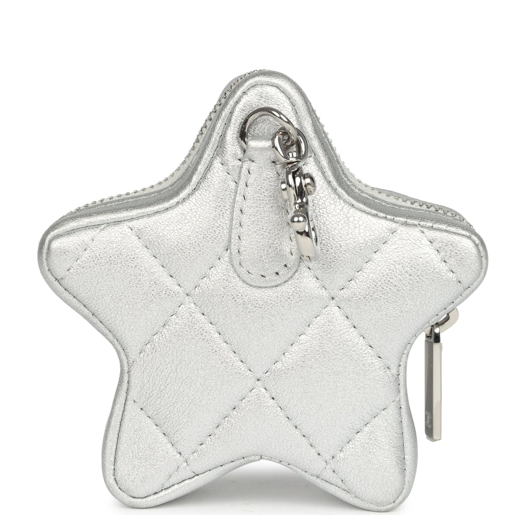 Chanel Walk Of Fame Star Clip-On Coin Purse Metallic Silver Goatskin Silver Hardware