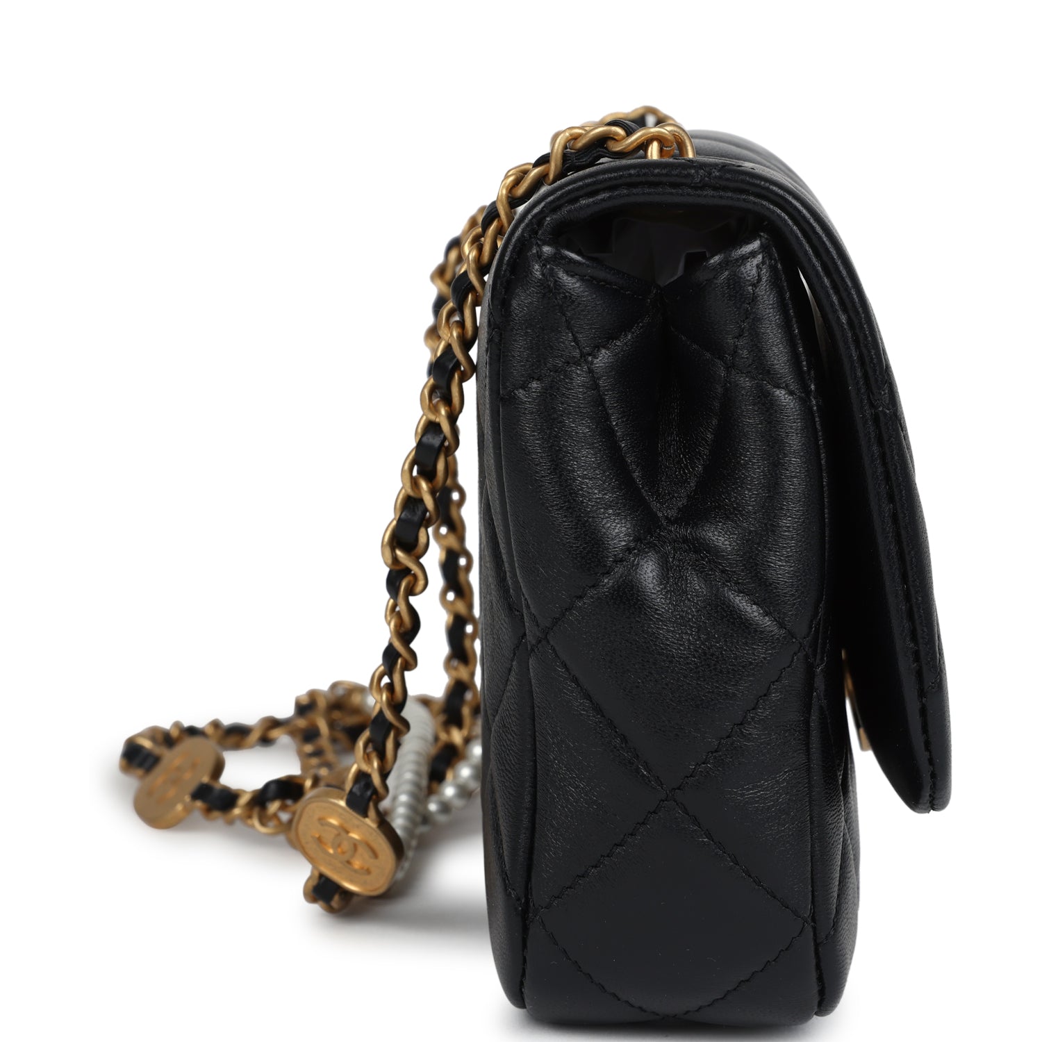 Chanel Mini Pearly Chain Flap Bag Black Lambskin Brushed Gold Hardware