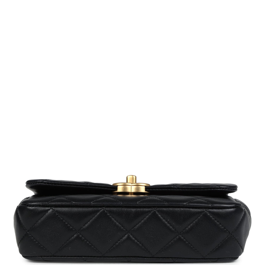 Chanel Mini Pearly Chain Flap Bag Black Lambskin Brushed Gold Hardware