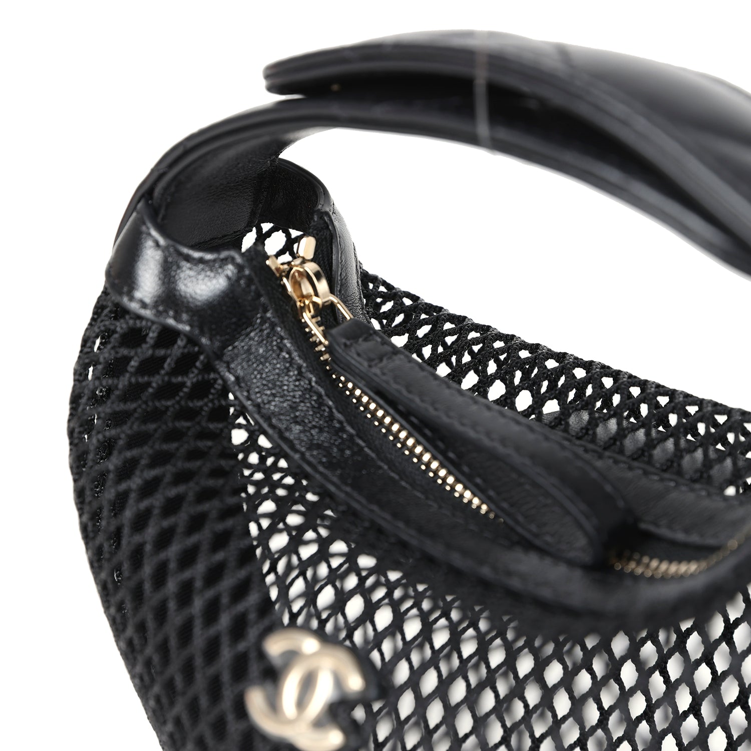 Chanel Mini Round Hobo Pouch Bag Black Mesh Light Gold Hardware
