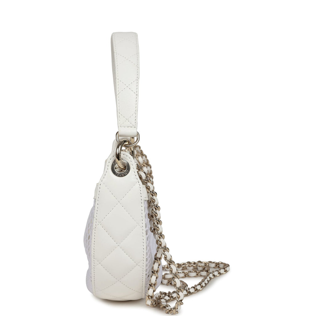 Chanel Round Clutch with Chain White Mesh Light Gold Hardware