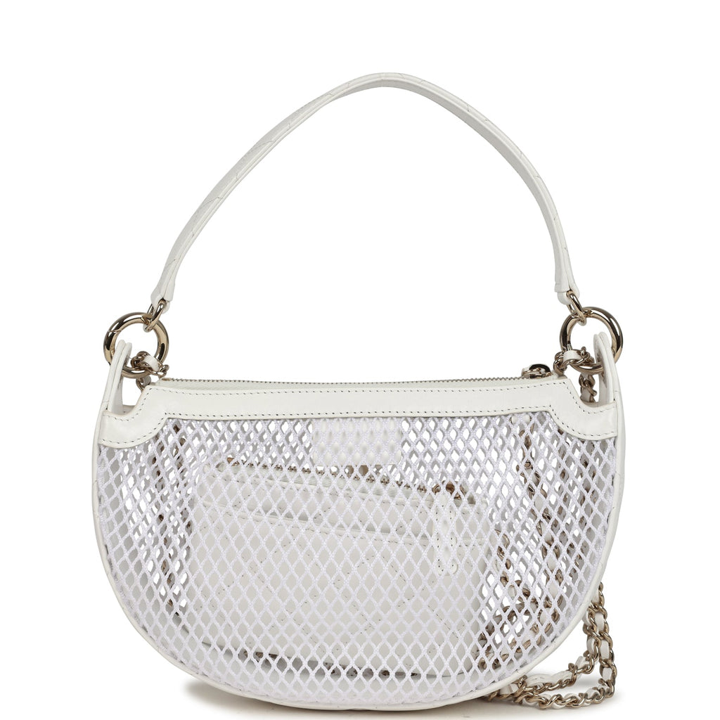 Chanel Round Clutch with Chain White Mesh Light Gold Hardware