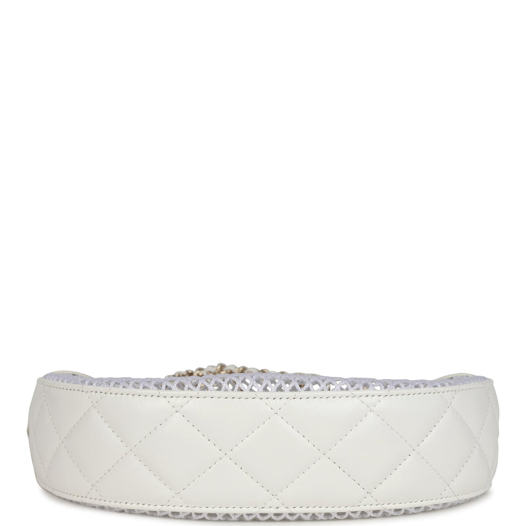 Chanel Round Clutch with Chain White Mesh Light Gold Hardware
