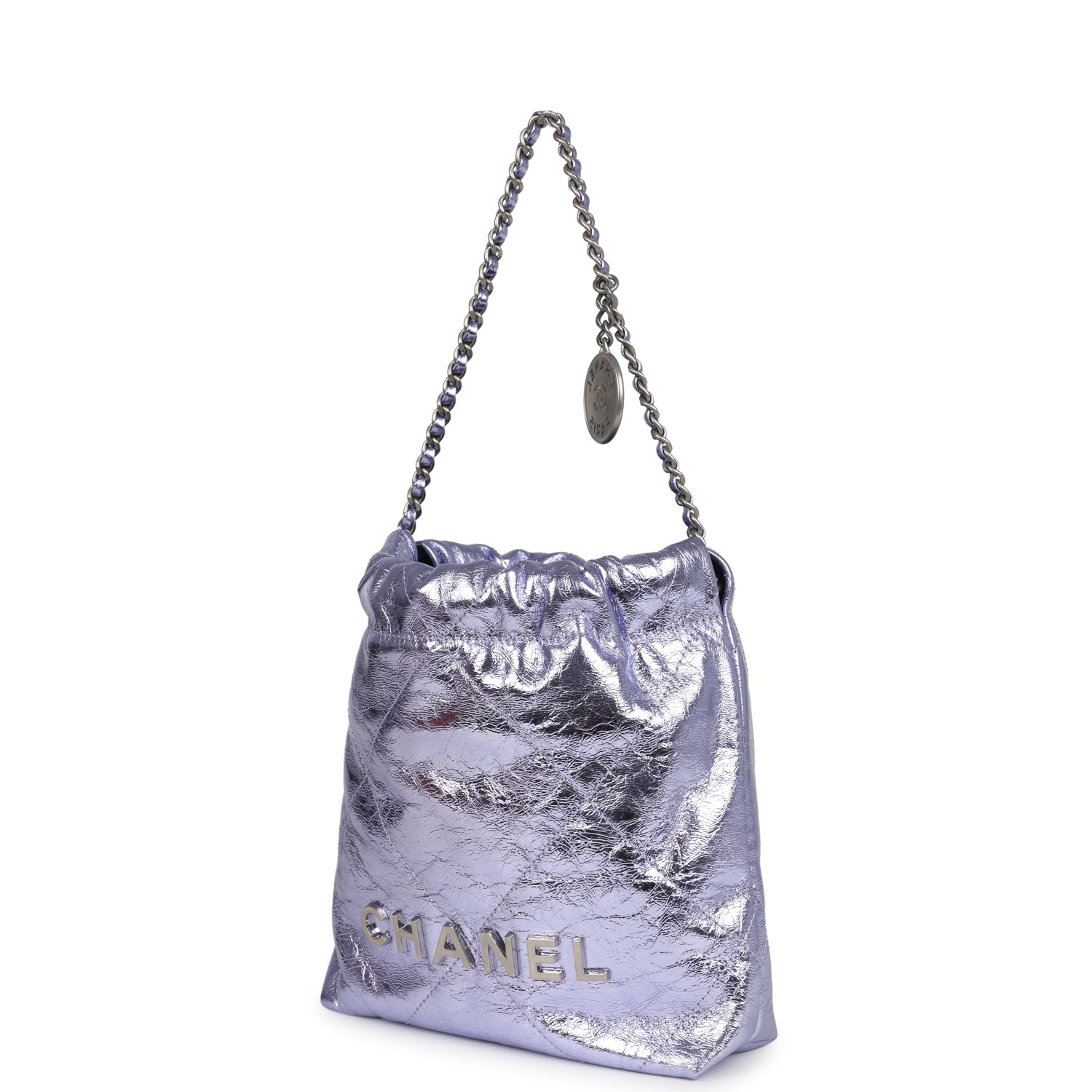 Chanel Mini 22 Bag Purple Metallic Calfskin Brushed Silver Hardware