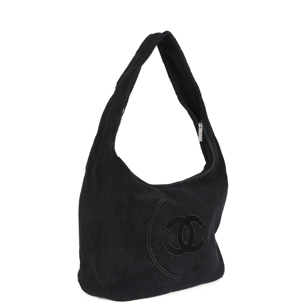 Chanel CC Beach Hobo Bag & Towel Set Black Terry Silver and Black Hardware