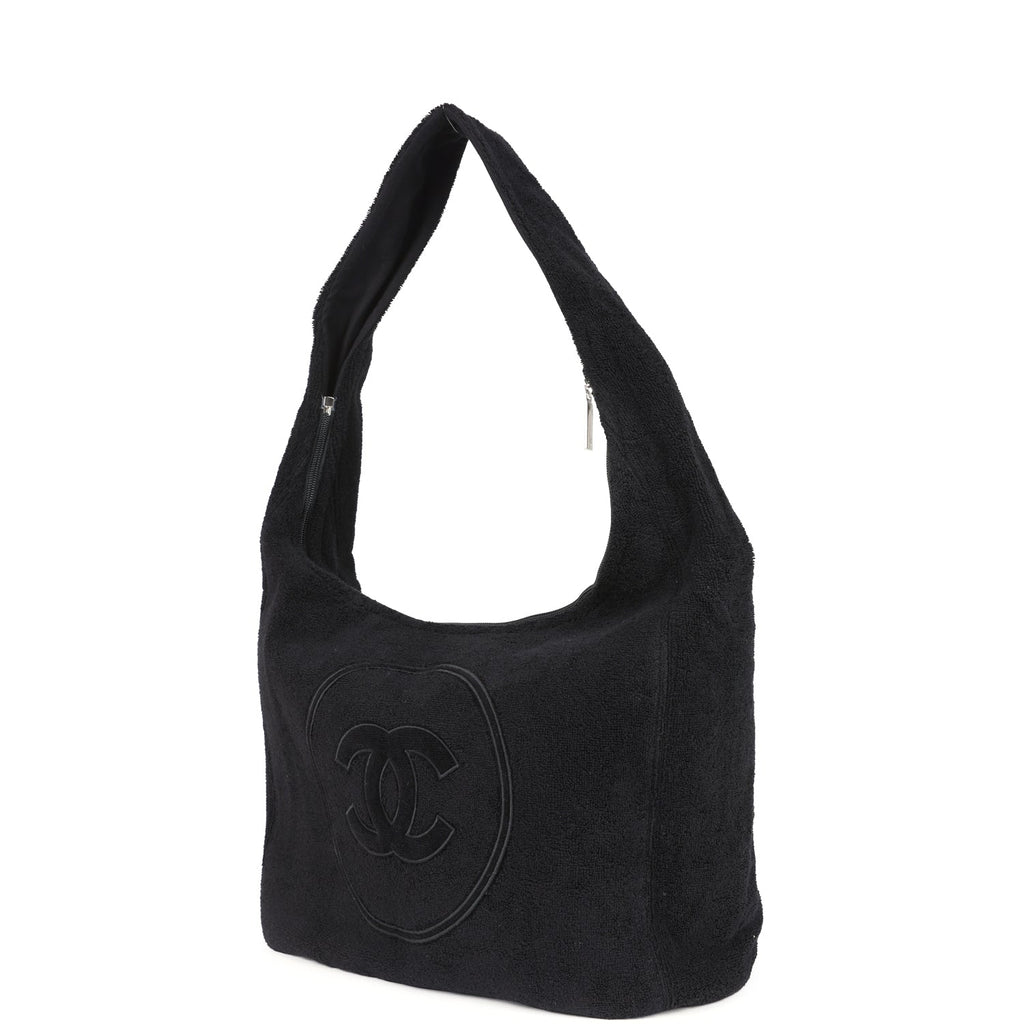 Chanel CC Beach Hobo Bag & Towel Set Black Terry Silver and Black Hardware