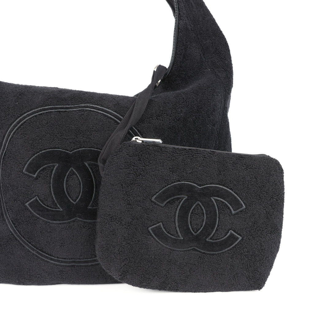 Chanel CC Beach Hobo Bag & Towel Set Black Terry Silver and Black Hardware