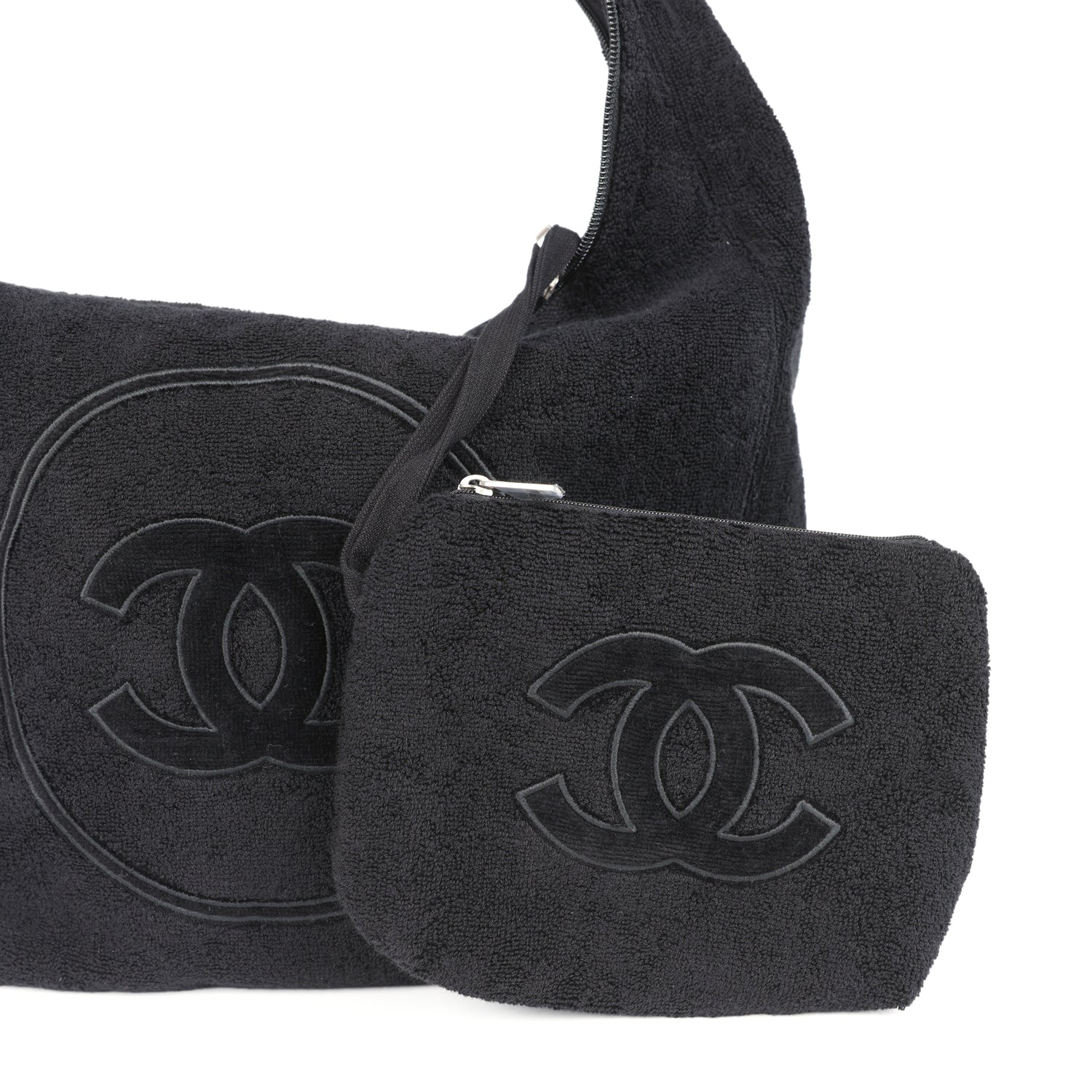 Chanel CC Beach Hobo Bag & Towel Set Black Terry Silver and Black Hardware