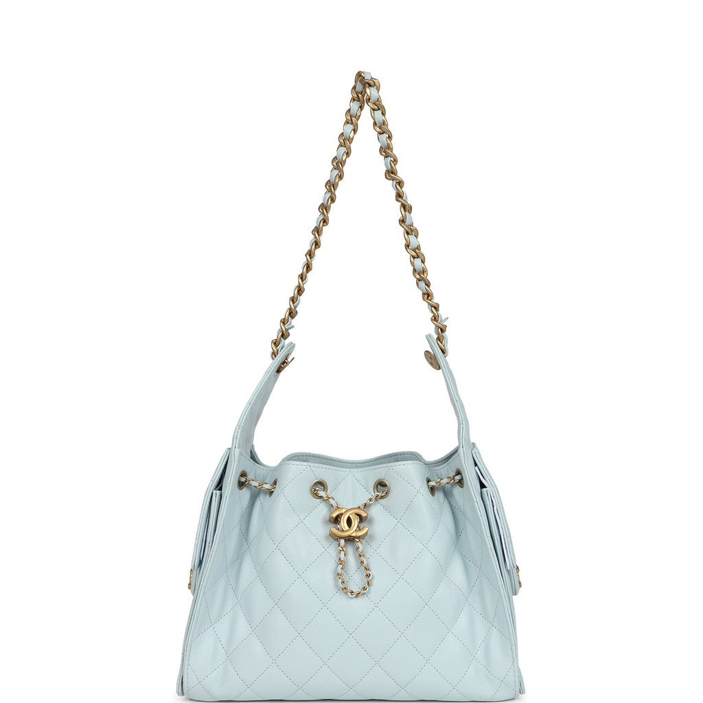 Pre-owned Chanel Small 25 Hobo Bag Light Blue Caviar Antique Gold Hardware