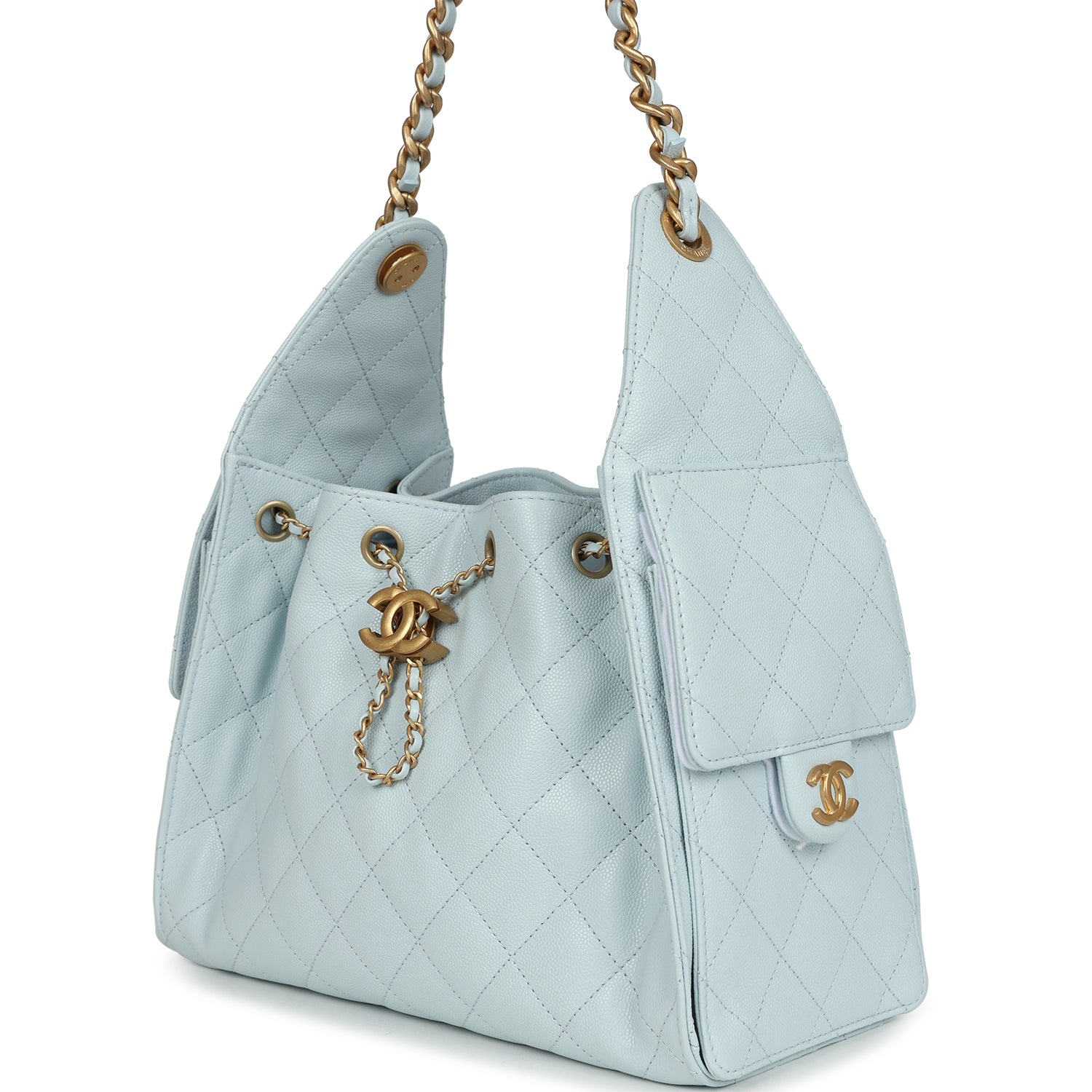 Pre-owned Chanel Small 25 Hobo Bag Light Blue Caviar Antique Gold Hardware