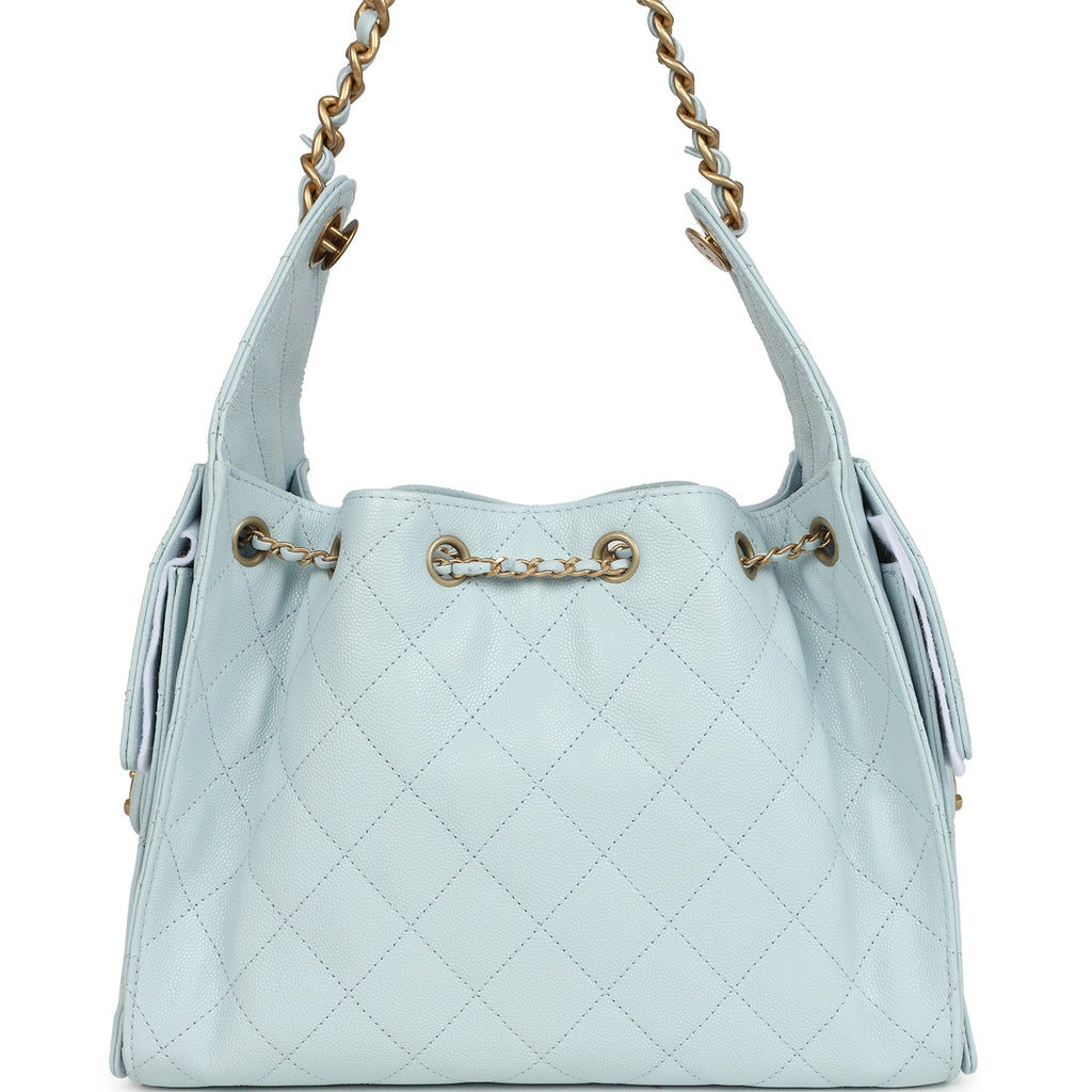 Pre-owned Chanel Small 25 Hobo Bag Light Blue Caviar Antique Gold Hardware