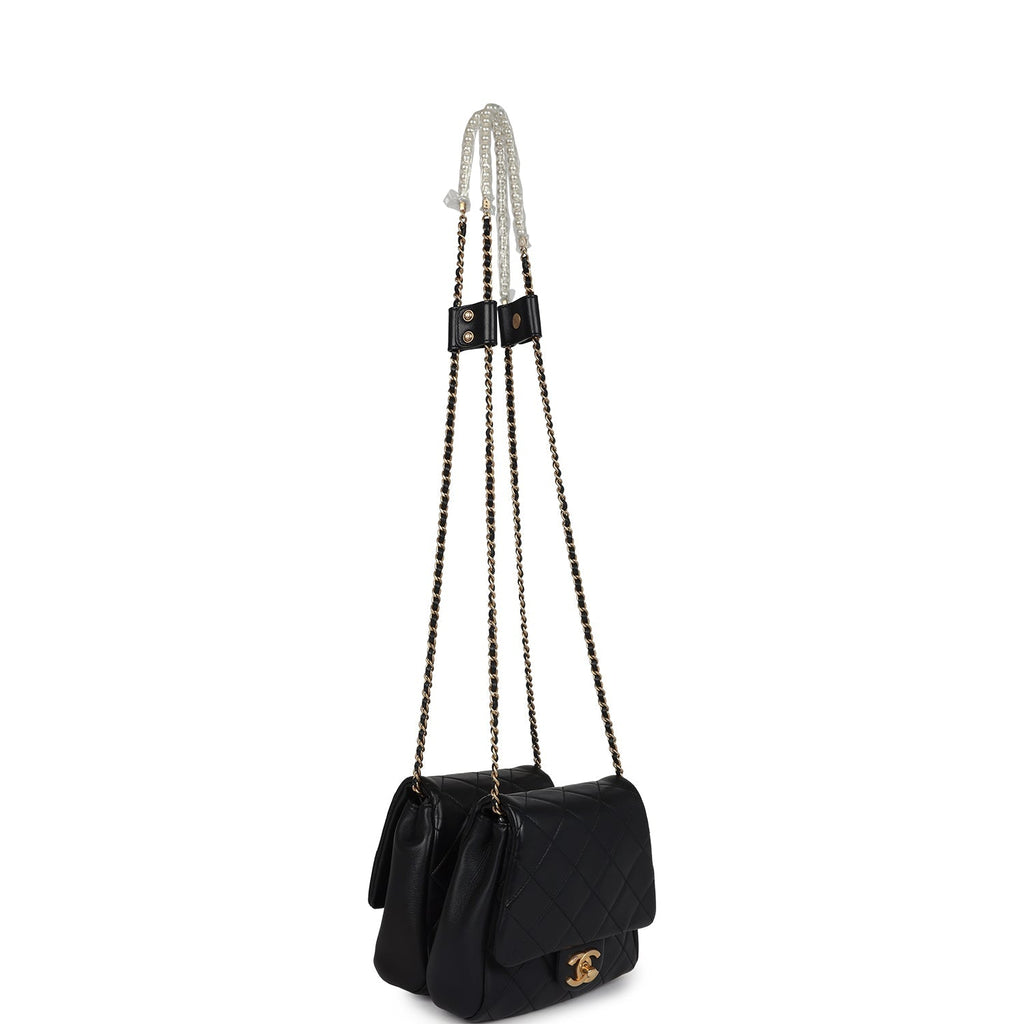 Chanel Twins Side Pack Black Lambskin Faux Pearls & Brushed Gold Hardware
