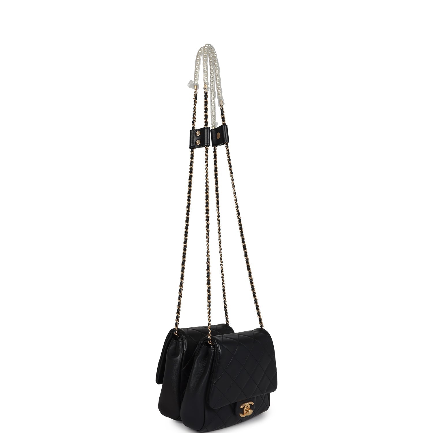 Chanel Twins Side Pack Black Lambskin Faux Pearls & Brushed Gold Hardware