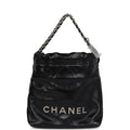 Chanel Mini 22 Bag Black Shiny Calfskin Brushed Silver Hardware