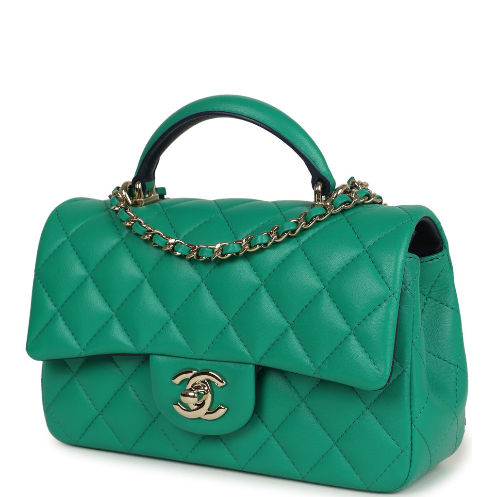 Pre-owned Chanel Classic Mini Rectangular Top Handle Flap Bag Green/Navy Blue Lambskin Light Gold Hardware