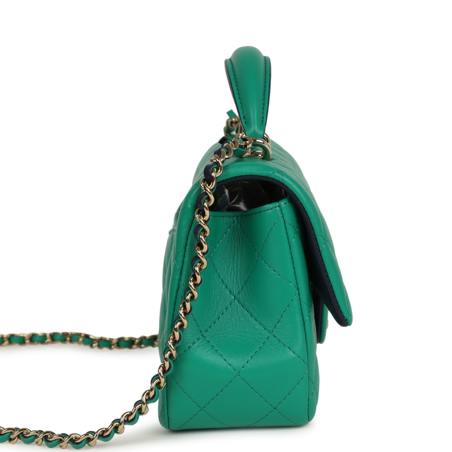 Pre-owned Chanel Classic Mini Rectangular Top Handle Flap Bag Green/Navy Blue Lambskin Light Gold Hardware