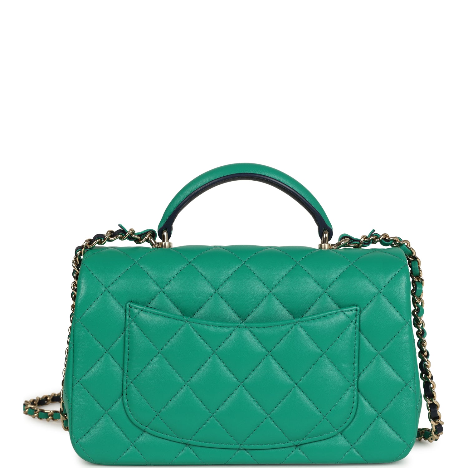 Pre-owned Chanel Classic Mini Rectangular Top Handle Flap Bag Green/Navy Blue Lambskin Light Gold Hardware