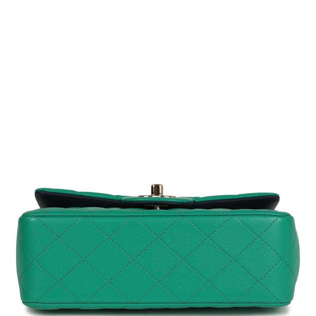 Pre-owned Chanel Classic Mini Rectangular Top Handle Flap Bag Green/Navy Blue Lambskin Light Gold Hardware