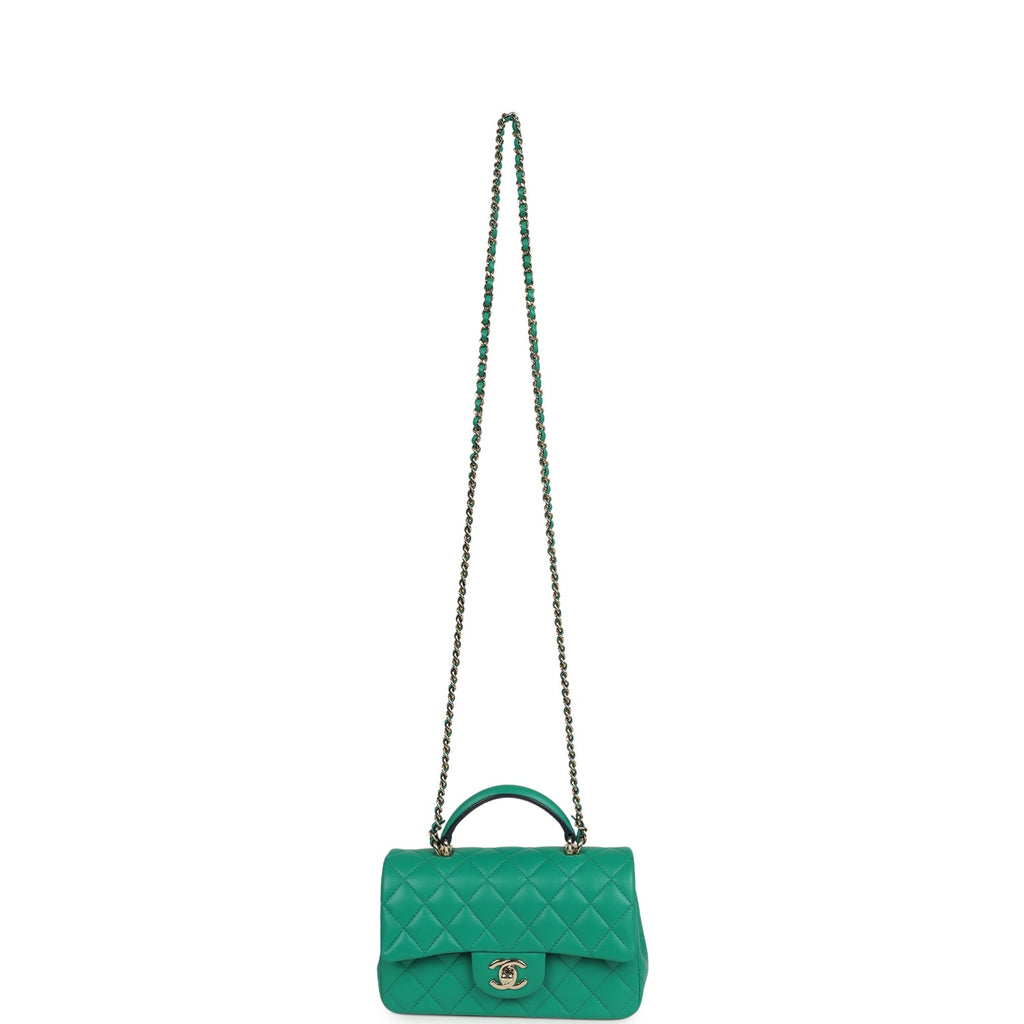 Pre-owned Chanel Classic Mini Rectangular Top Handle Flap Bag Green/Navy Blue Lambskin Light Gold Hardware