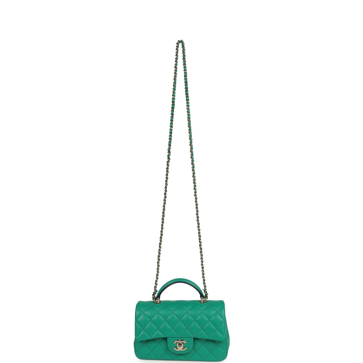 Pre-owned Chanel Classic Mini Rectangular Top Handle Flap Bag Green/Navy Blue Lambskin Light Gold Hardware