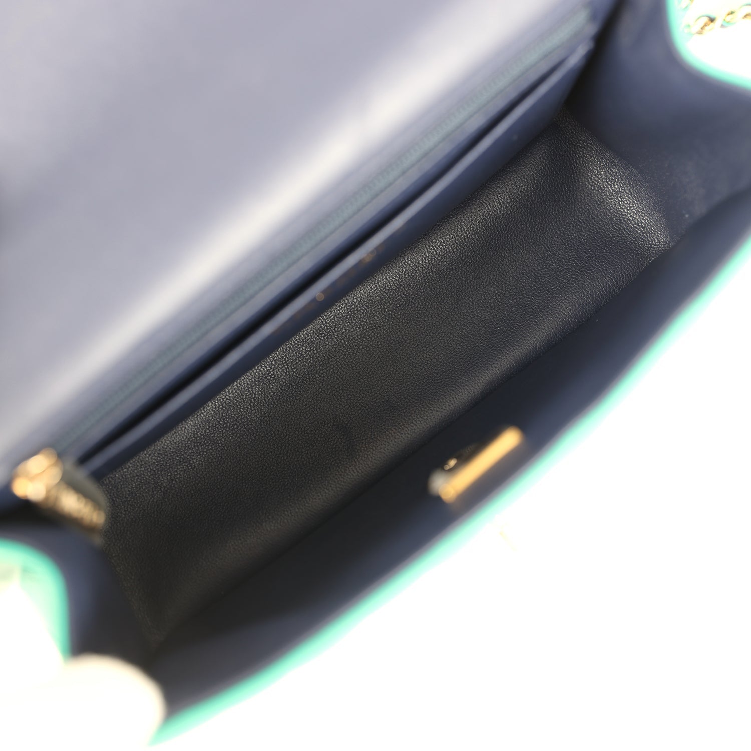 Pre-owned Chanel Classic Mini Rectangular Top Handle Flap Bag Green/Navy Blue Lambskin Light Gold Hardware