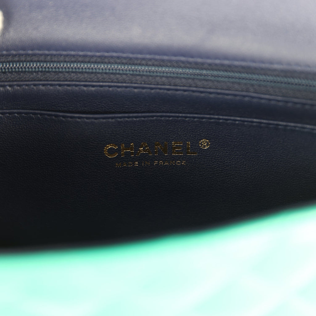 Pre-owned Chanel Classic Mini Rectangular Top Handle Flap Bag Green/Navy Blue Lambskin Light Gold Hardware