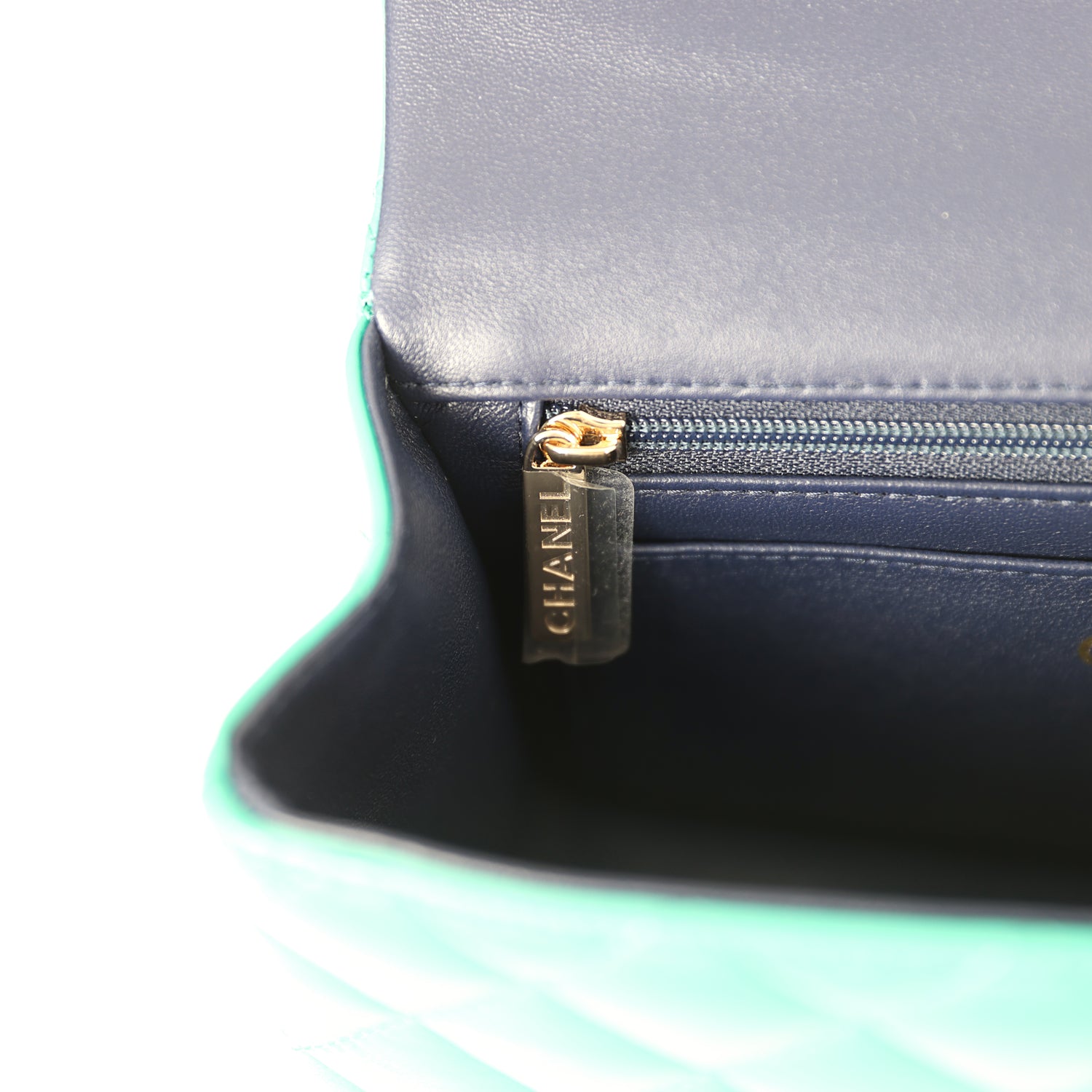 Pre-owned Chanel Classic Mini Rectangular Top Handle Flap Bag Green/Navy Blue Lambskin Light Gold Hardware