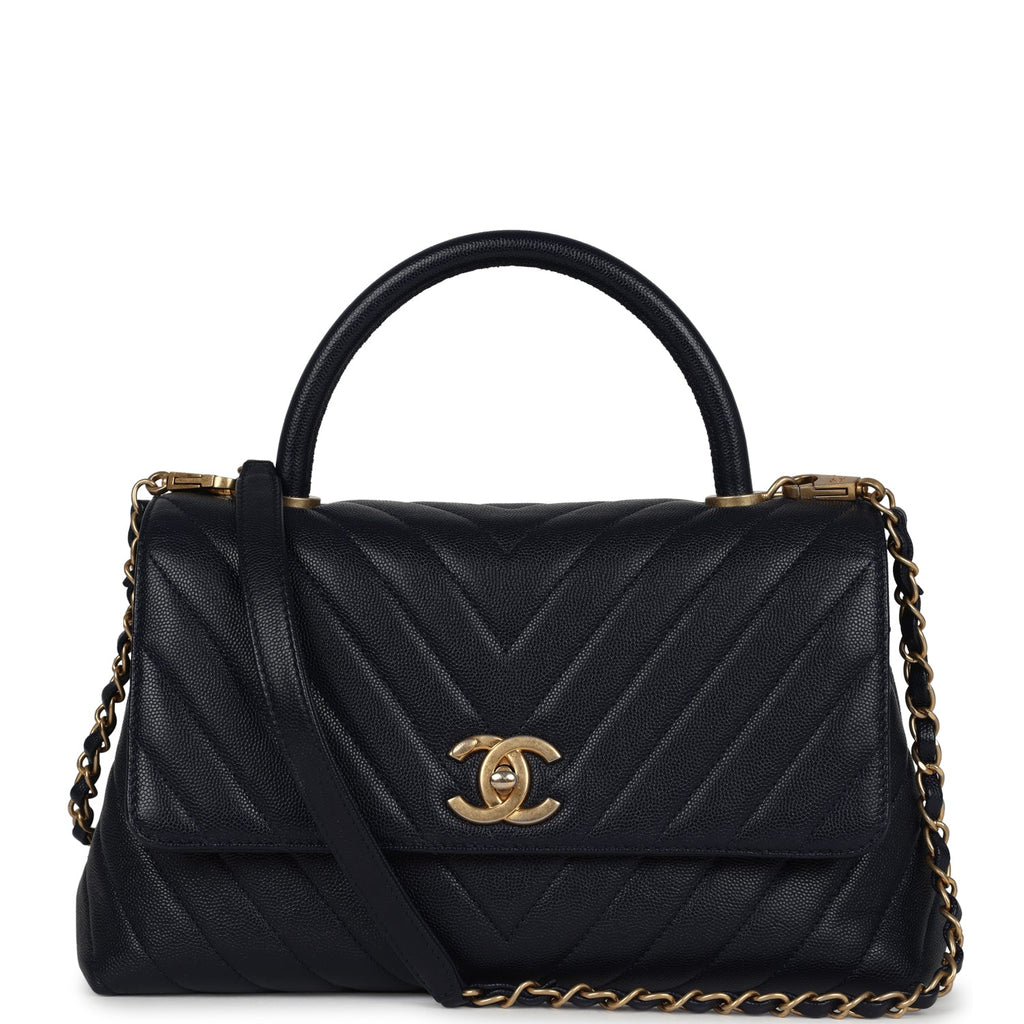Chanel Small Coco Top Handle Navy Blue Chevron Caviar Antique Gold Hardware