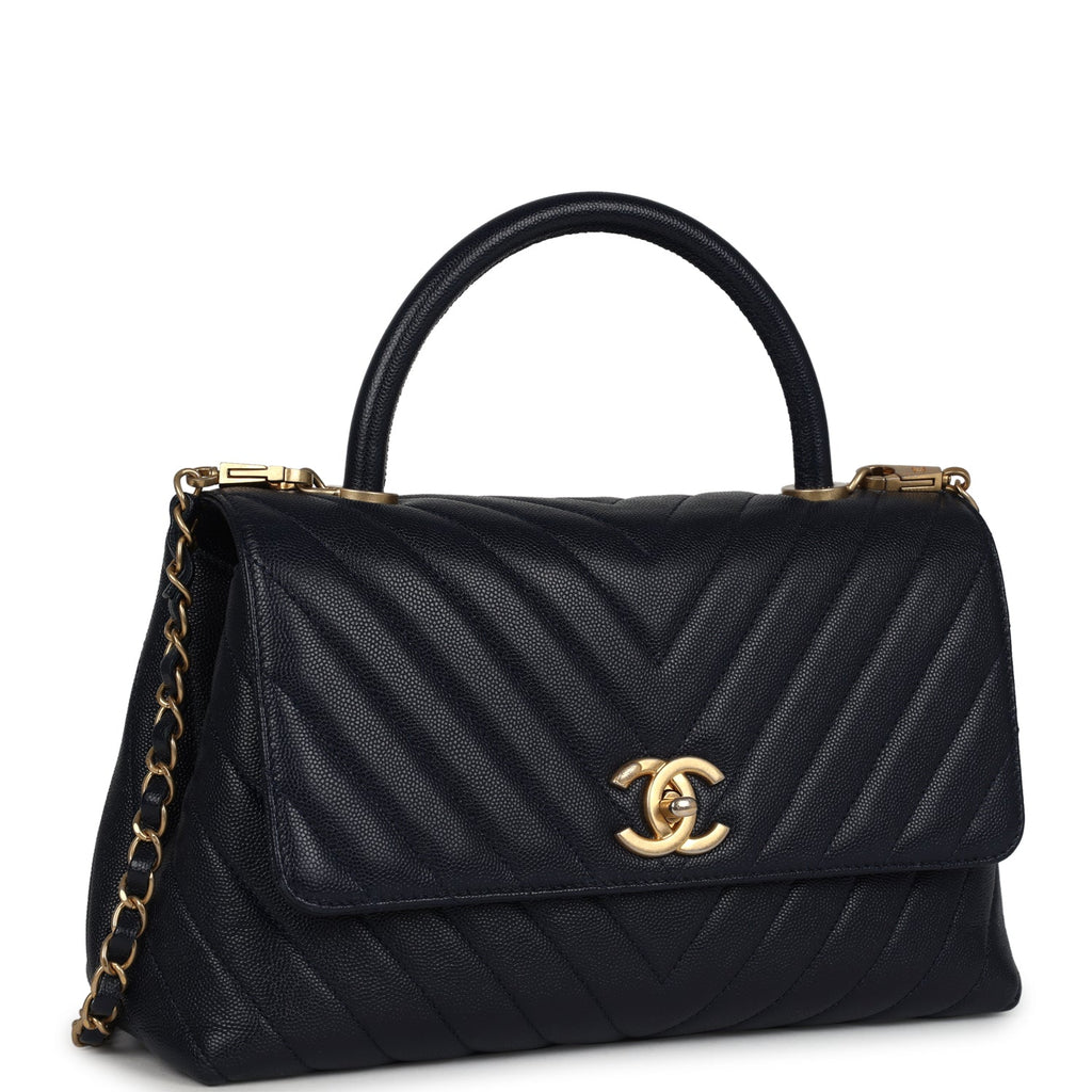 Chanel Small Coco Top Handle Navy Blue Chevron Caviar Antique Gold Hardware