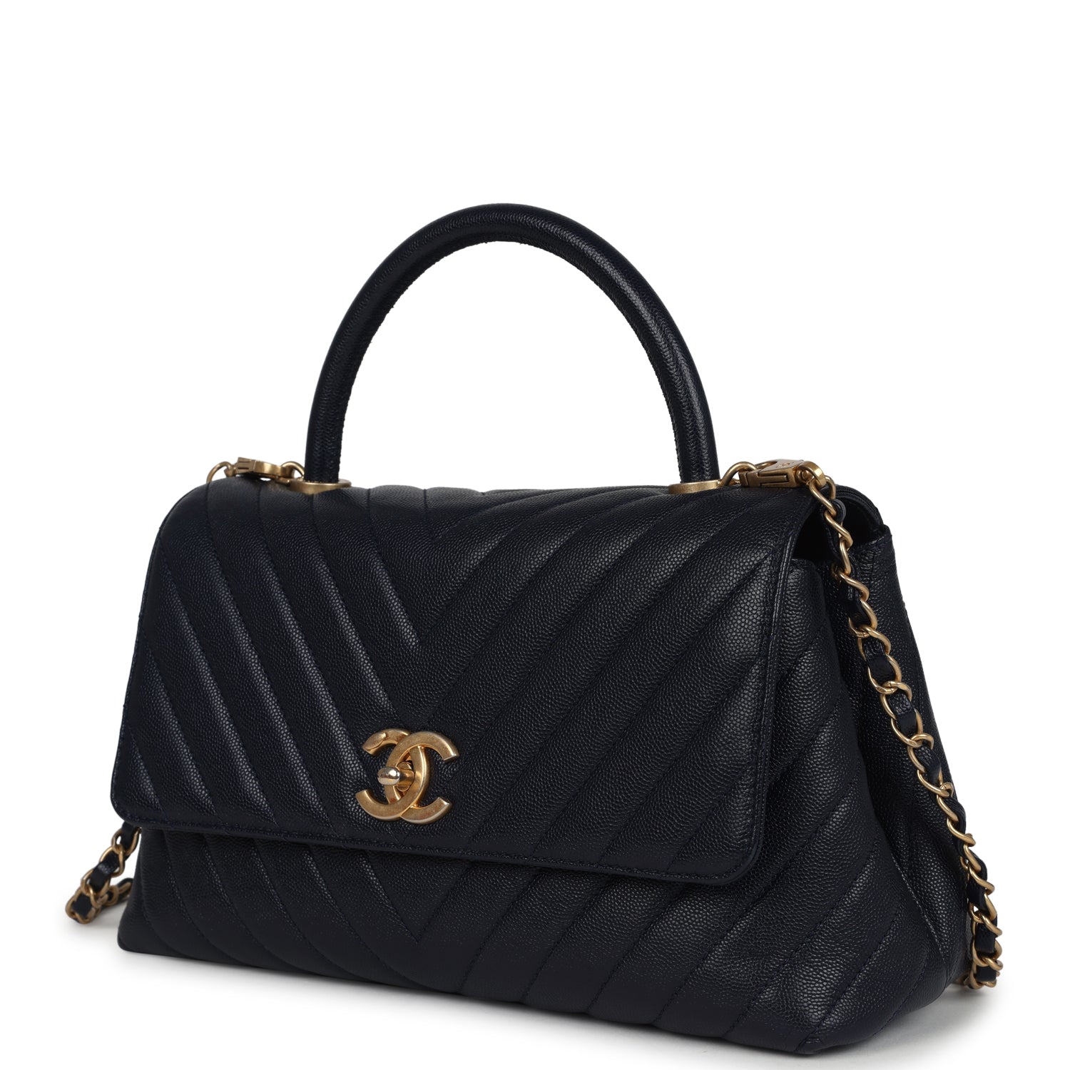 Chanel Small Coco Top Handle Navy Blue Chevron Caviar Antique Gold Hardware