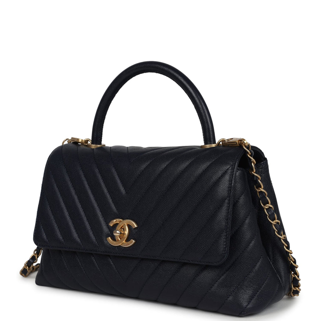 Chanel Small Coco Top Handle Navy Blue Chevron Caviar Antique Gold Hardware