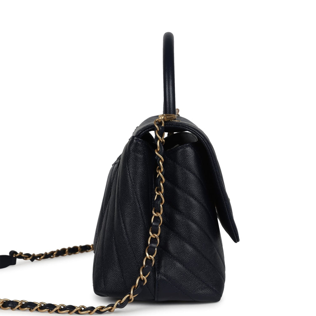 Chanel Small Coco Top Handle Navy Blue Chevron Caviar Antique Gold Hardware