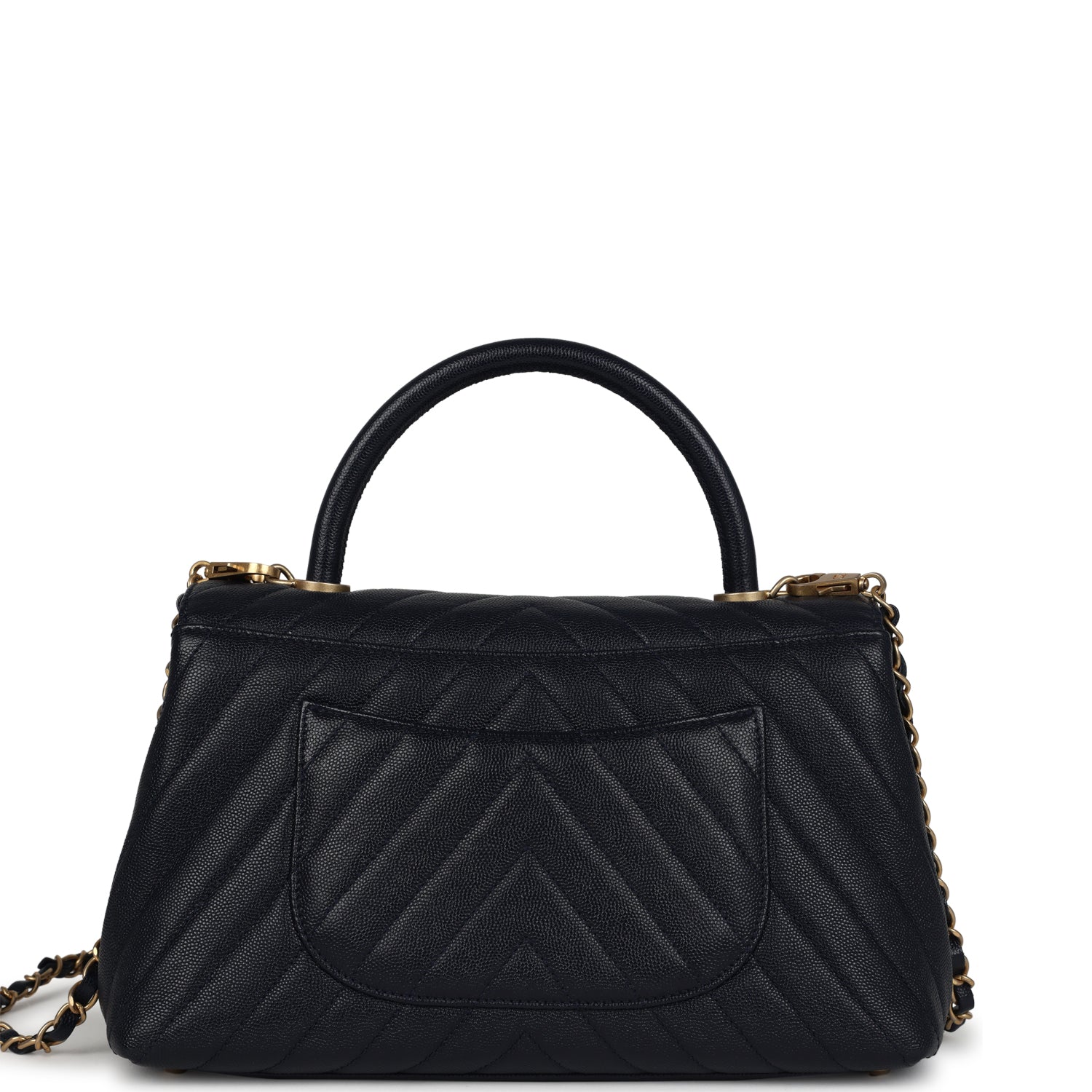Chanel Small Coco Top Handle Navy Blue Chevron Caviar Antique Gold Hardware