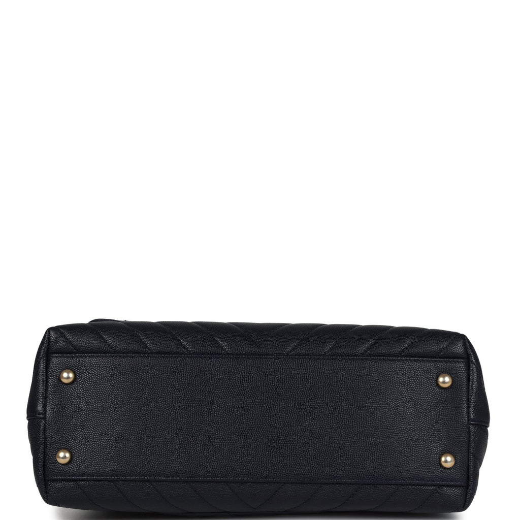 Chanel Small Coco Top Handle Navy Blue Chevron Caviar Antique Gold Hardware