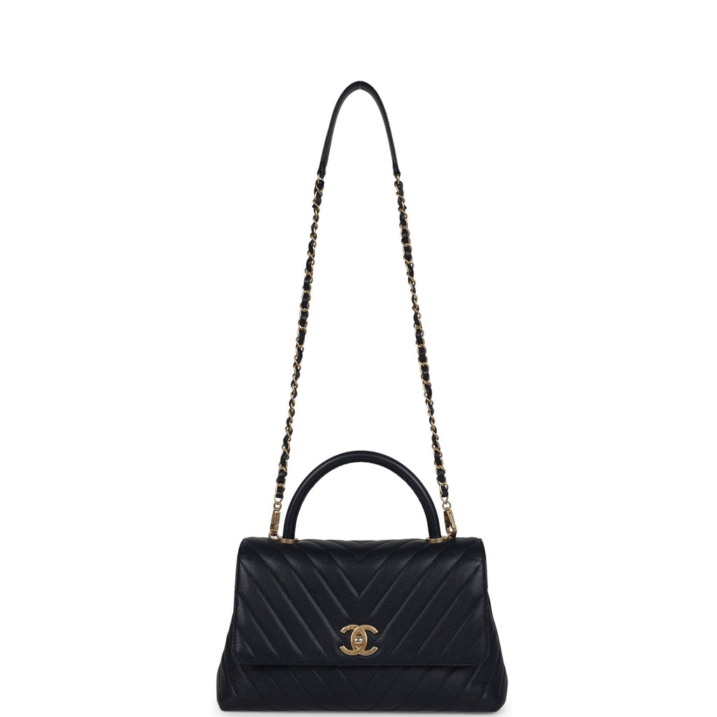 Chanel Small Coco Top Handle Navy Blue Chevron Caviar Antique Gold Hardware