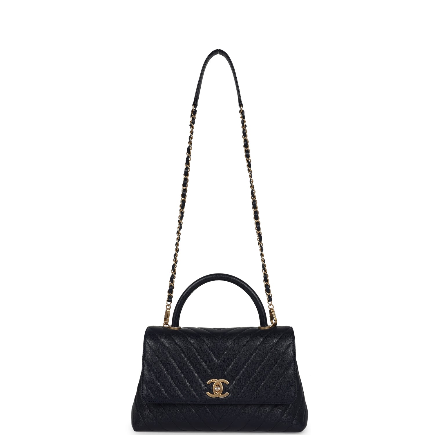 Chanel Small Coco Top Handle Navy Blue Chevron Caviar Antique Gold Hardware