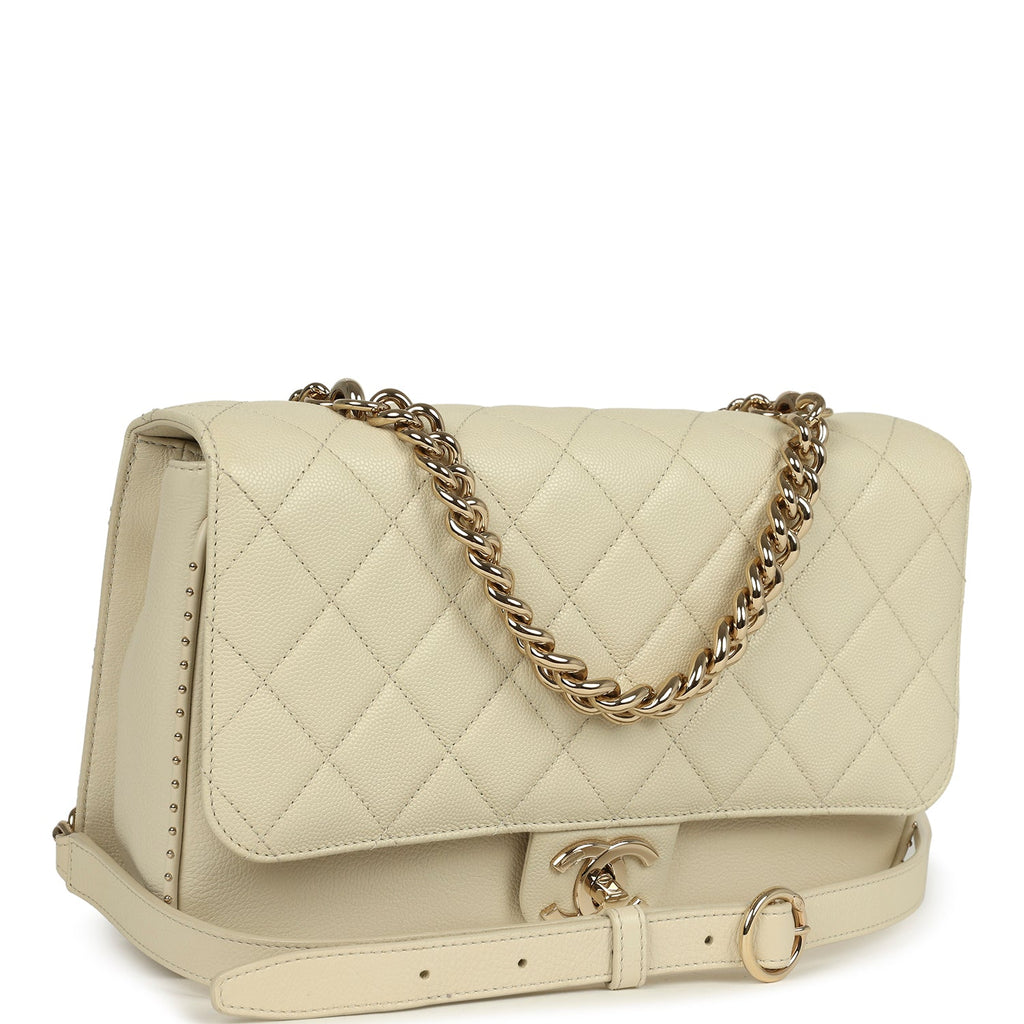 Pre-owned Chanel Large Chain Handle Flap Bag Ivory Caviar and Calfskin Light Gold Hardware