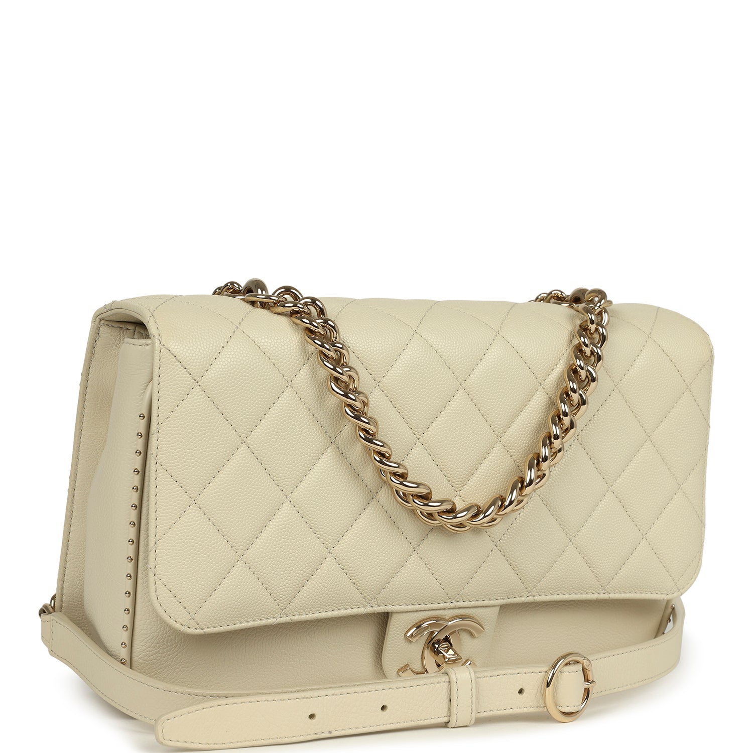 Pre-owned Chanel Large Chain Handle Flap Bag Ivory Caviar and Calfskin Light Gold Hardware