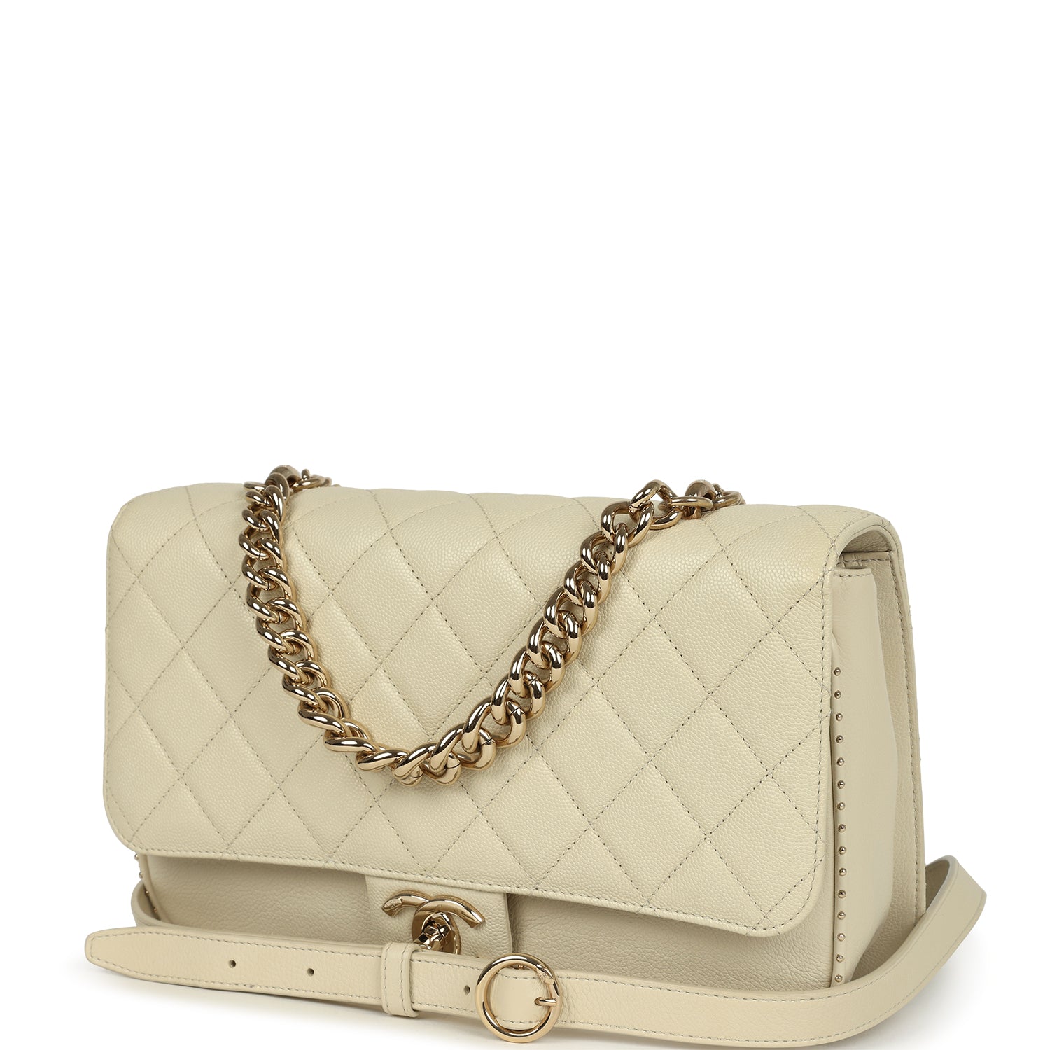 Pre-owned Chanel Large Chain Handle Flap Bag Ivory Caviar and Calfskin Light Gold Hardware