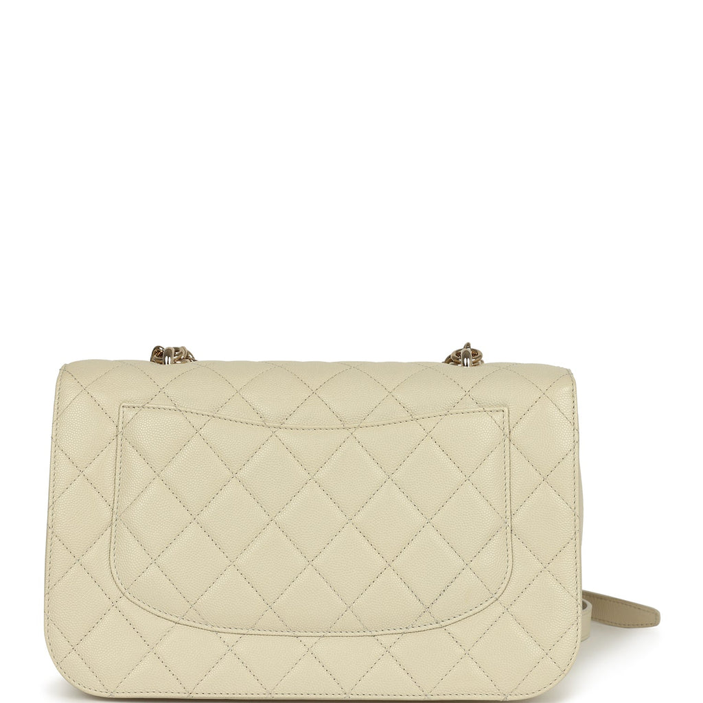 Pre-owned Chanel Large Chain Handle Flap Bag Ivory Caviar and Calfskin Light Gold Hardware