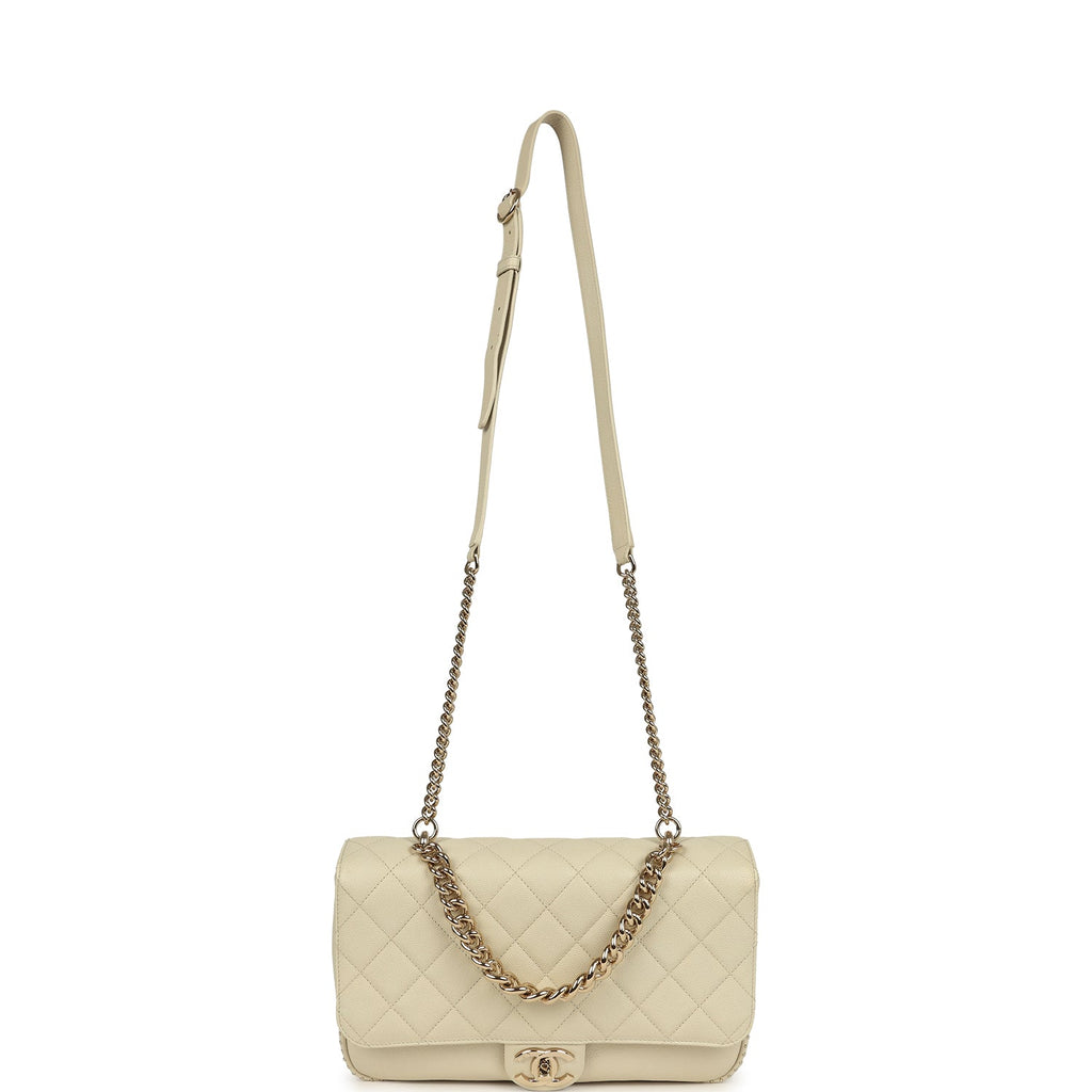 Pre-owned Chanel Large Chain Handle Flap Bag Ivory Caviar and Calfskin Light Gold Hardware