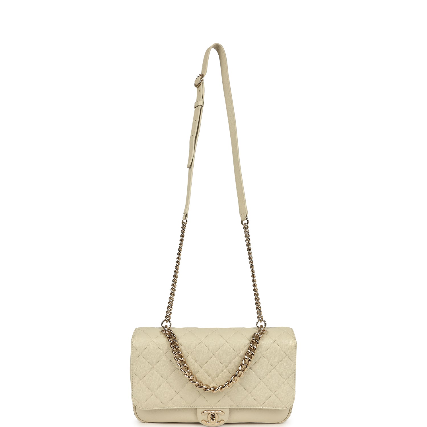 Pre-owned Chanel Large Chain Handle Flap Bag Ivory Caviar and Calfskin Light Gold Hardware