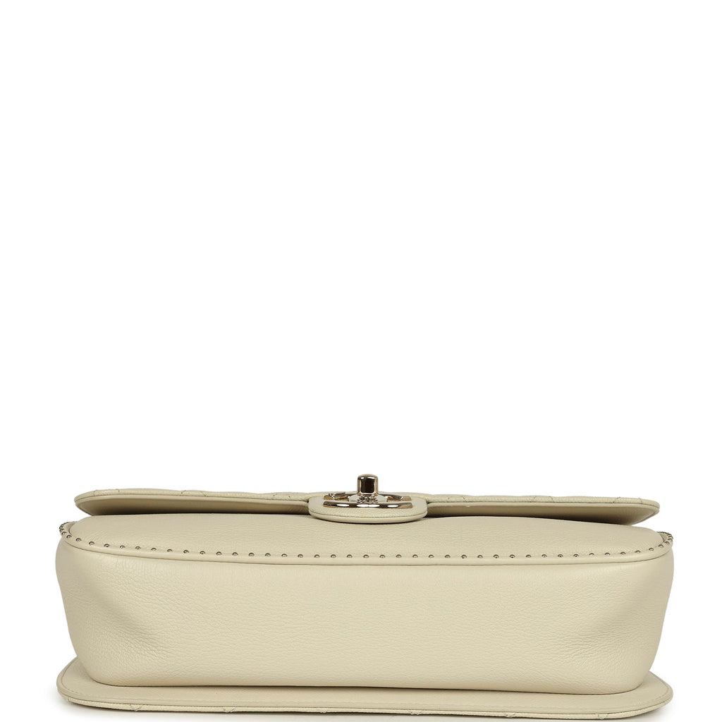 Pre-owned Chanel Large Chain Handle Flap Bag Ivory Caviar and Calfskin Light Gold Hardware