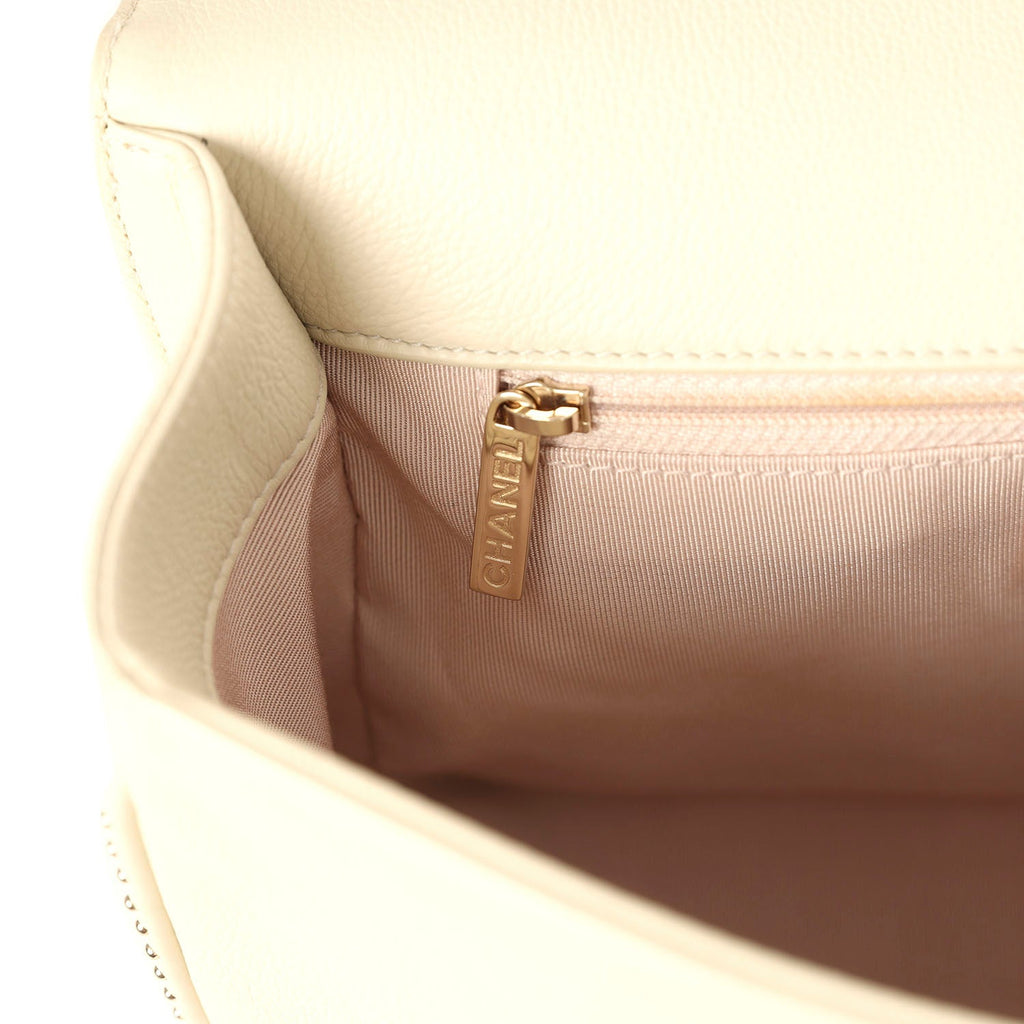 Pre-owned Chanel Large Chain Handle Flap Bag Ivory Caviar and Calfskin Light Gold Hardware