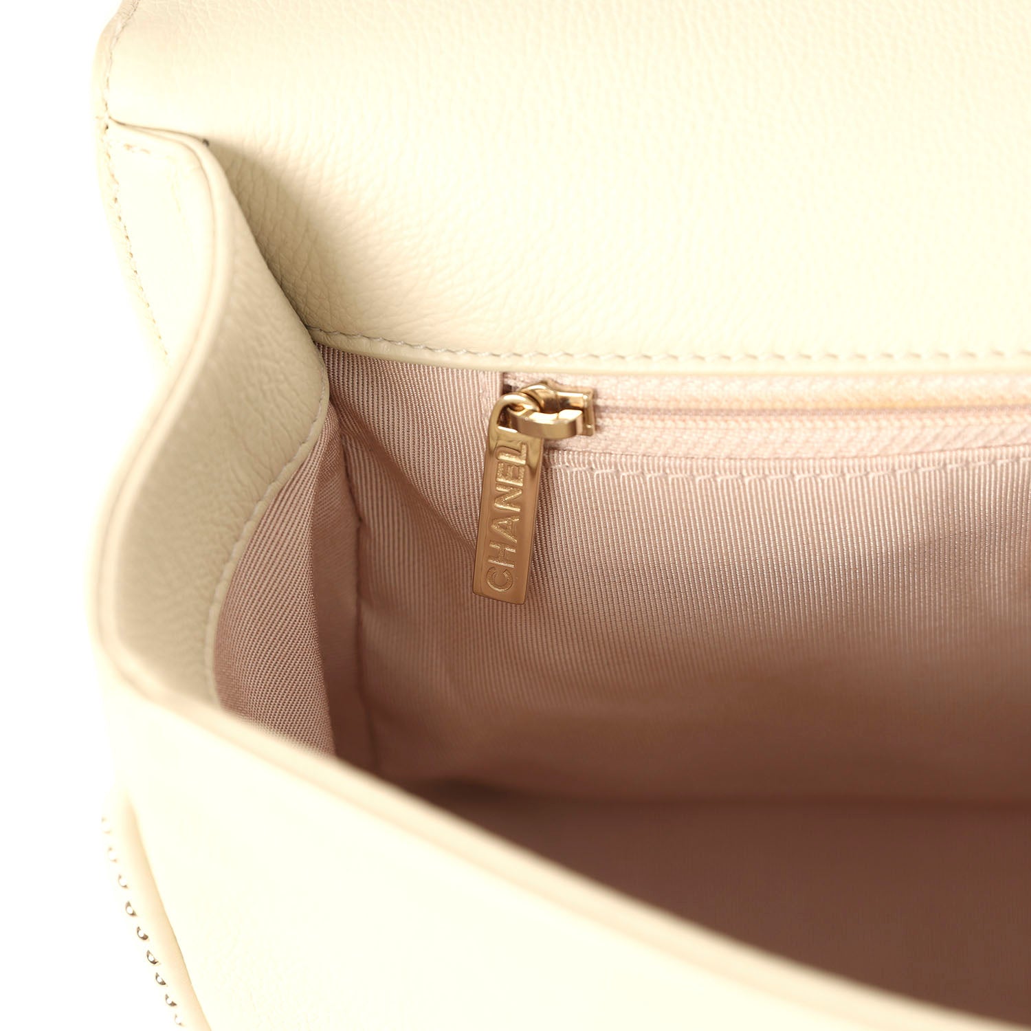 Pre-owned Chanel Large Chain Handle Flap Bag Ivory Caviar and Calfskin Light Gold Hardware