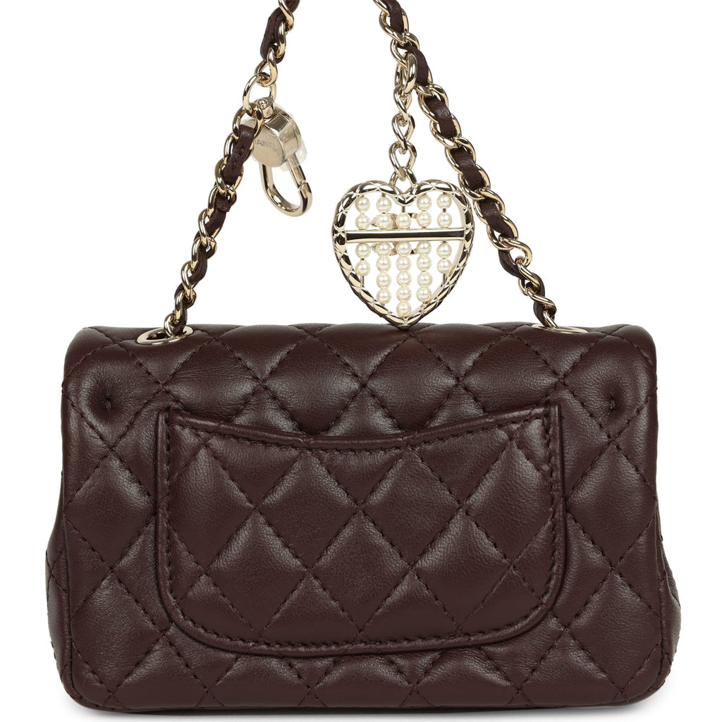 Chanel Nano Classic Double Flap Bag Charm Dark Brown Lambskin Light Gold Hardware