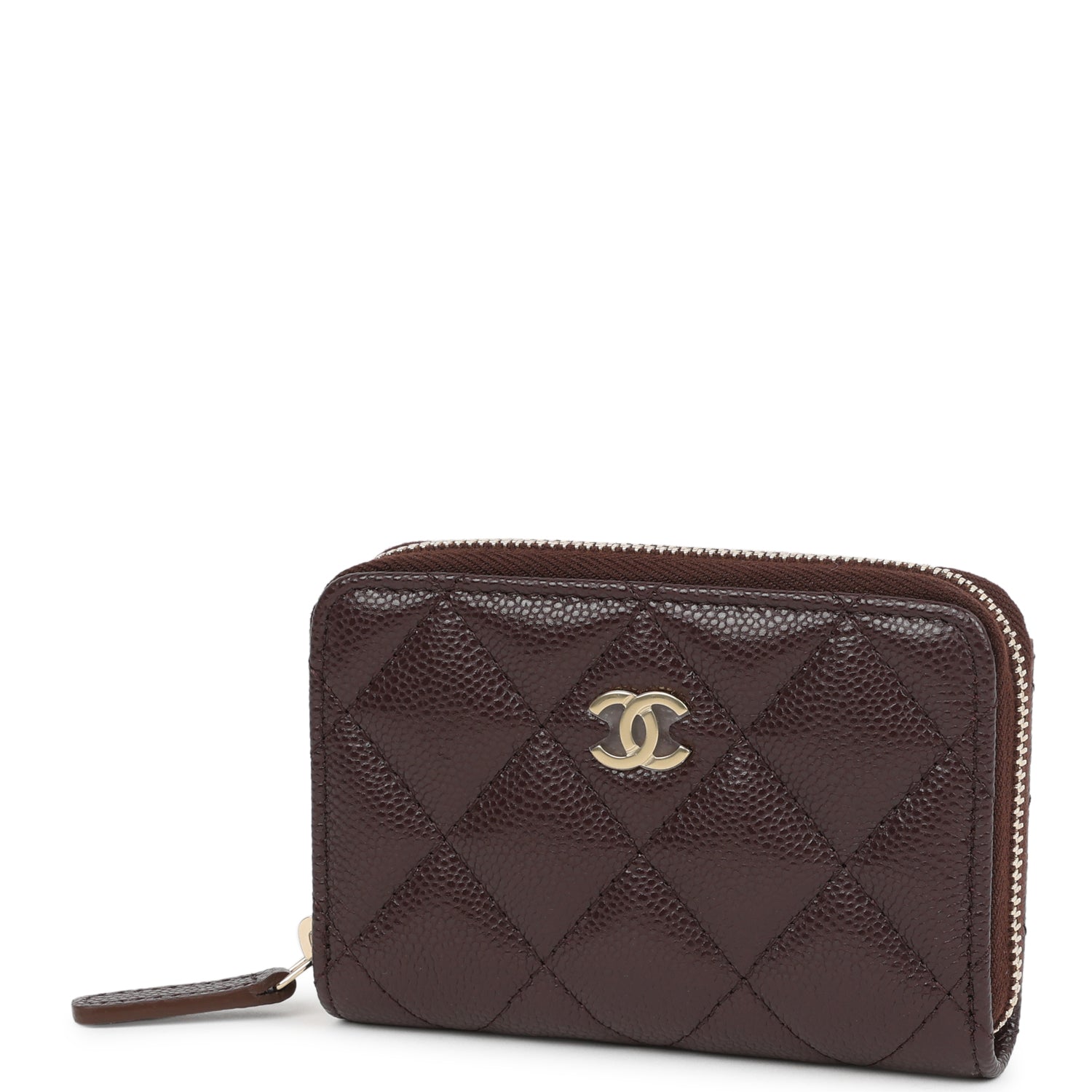 Chanel Classic Zipped Coin Purse Wallet Dark Brown Shiny Caviar Light Gold Hardware