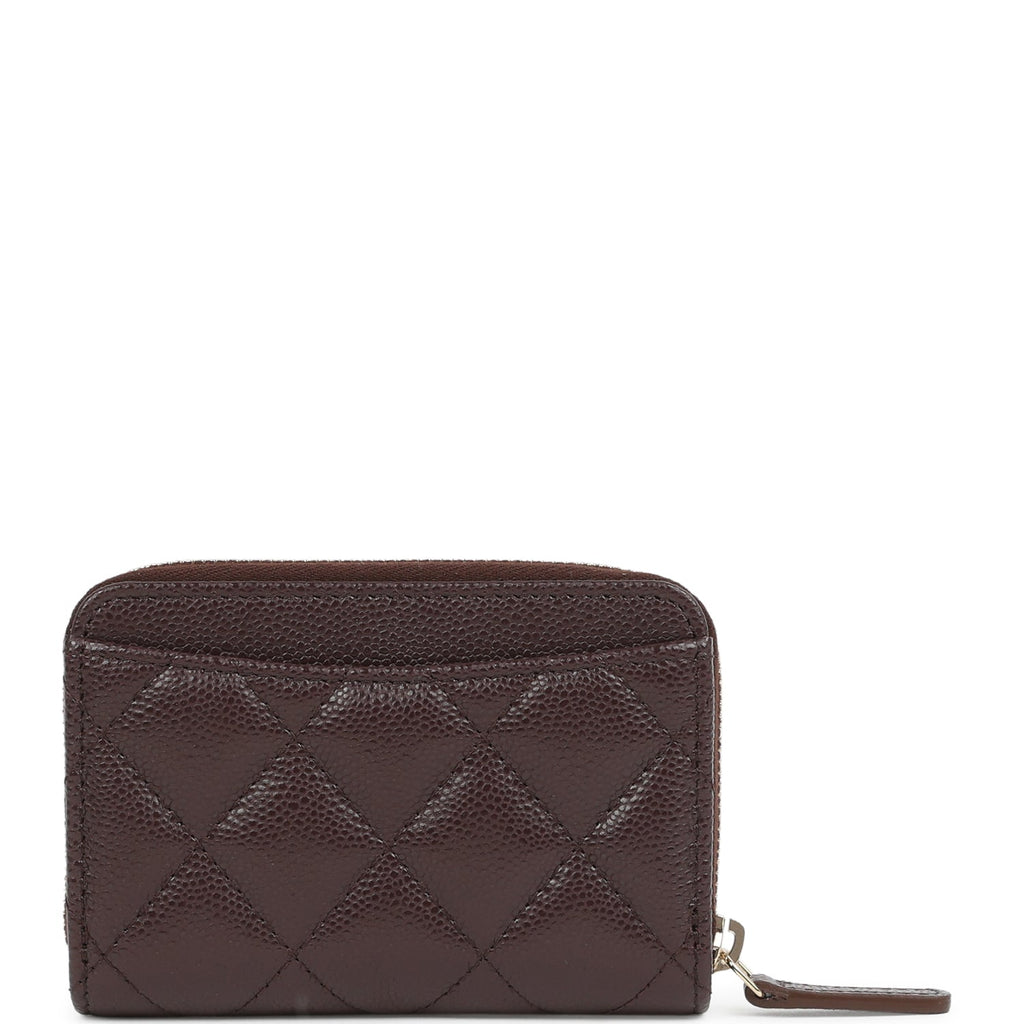 Chanel Classic Zipped Coin Purse Wallet Dark Brown Shiny Caviar Light Gold Hardware