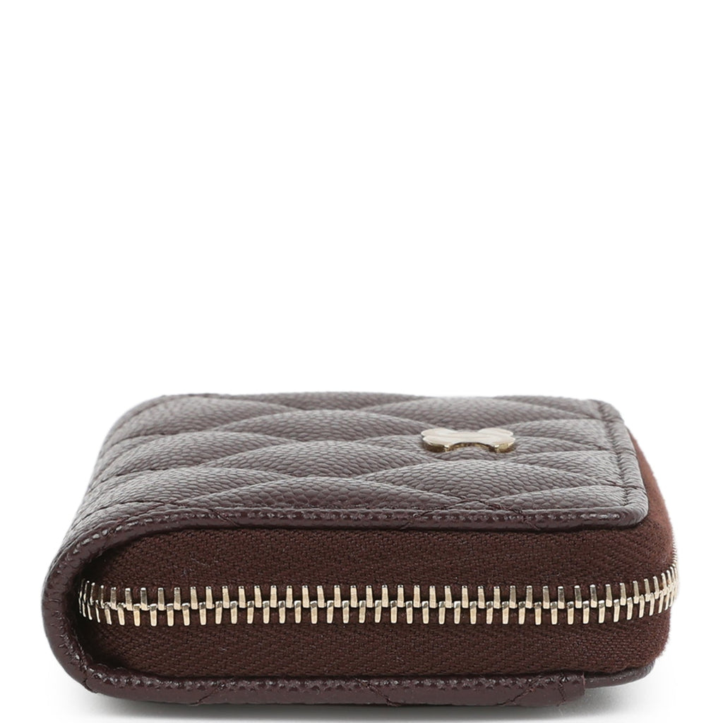 Chanel Classic Zipped Coin Purse Wallet Dark Brown Shiny Caviar Light Gold Hardware